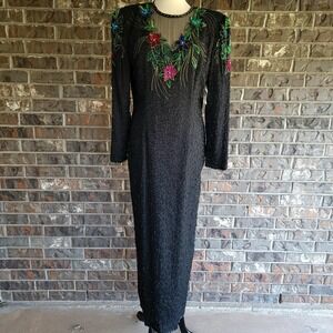 Scala Dress Womens XL Black Silk Beaded Sequin Floral Evening Gown Long Sleeve